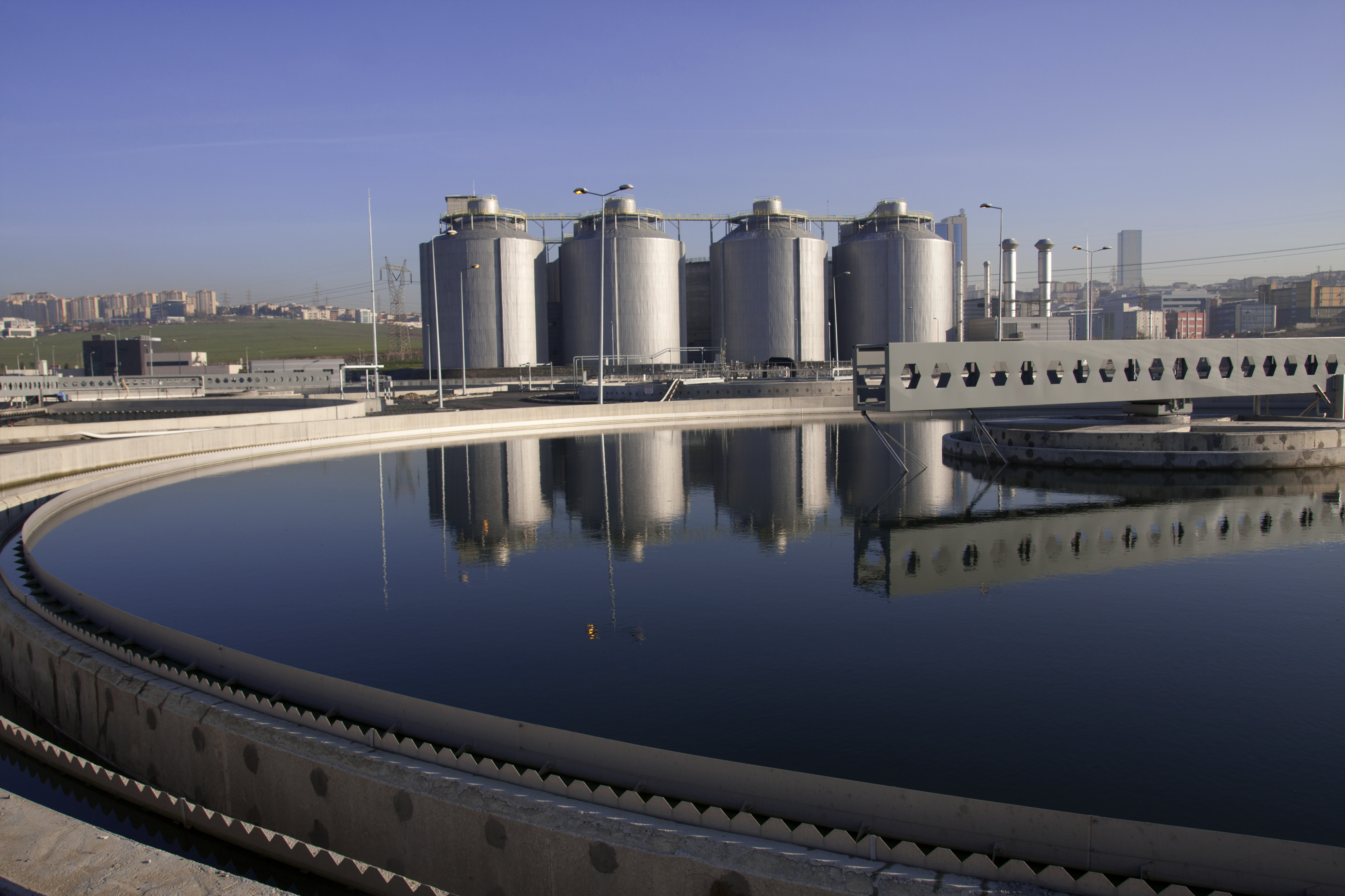 Digesters and clarifying tank at a wastewater treatment facility